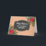 Cartão Rustic Chalkboard Nephew Felry Natal<br><div class="desc">Feliz Natal para o sobrinho com o padrão rústico do quadro-negro do país e folhagem de inverno com poinsettias.</div>
