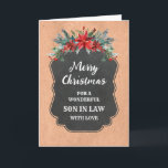 Cartão Rustic Chalkboard Son in Law Feliz Natal<br><div class="desc">Feliz Natal para o filho no cartão de direito com o padrão rústico do quadro-negro do país e folhagem de inverno com poinsettias.</div>