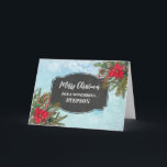 Cartão Rustic Chalkboard Stepson Feliz Natal<br><div class="desc">Feliz Natal para o cartão de madrasta com padrão rústico de prateleiras e folhagem de inverno com poinsettias.</div>