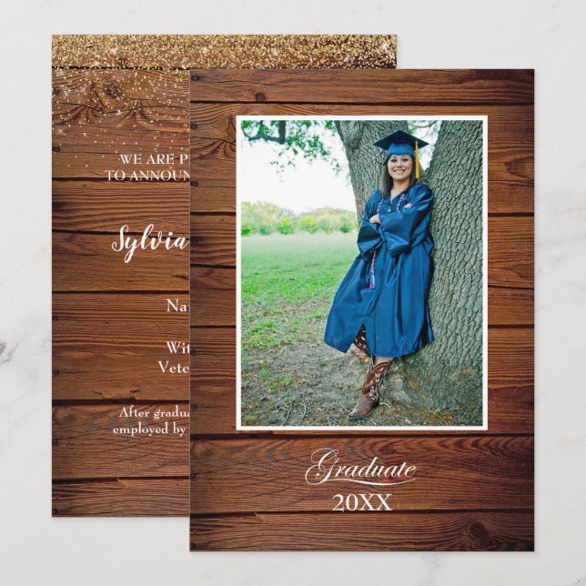 Cartão Rustic College Graduation Announcement with photo (Frente/Verso)