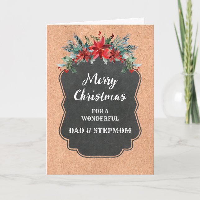 Cartão Rustic Dad and Stepmom Merry Christmas (Frente)