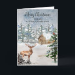 Cartão Rustic Deer Cousin e Wife no Natal<br><div class="desc">Feliz Natal para primo e esposa no cartão de direito com uma neve rústica coberta de cabana na floresta e verso pensativo.</div>
