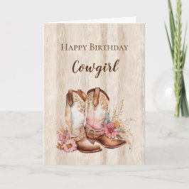 Cartão Rustic Faux Wood Cowgirl Floral Boots Aniversário