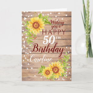 Cartão Rustic Happy 50th Birthday Floral Sunflower