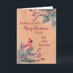 Cartão Rustic Son & Son in Law Feliz Natal<br><div class="desc">Feliz Natal para o filho e filho no cartão com folhagem de cor d'água,  um padrão de papel cardeal e vintage e verso pensativo.</div>