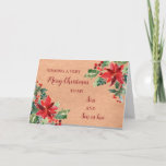 Cartão Rustic Son & Son in Law Feliz Natal<br><div class="desc">Feliz Natal para filho e filho no cartão de direito com poinsetos de aquarela e padrão de papel vintage e verso pensativo.</div>