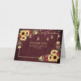 Cartão Rustic Sunflower Burgundy Wood Floral Wedding