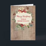 Cartão Rustic Watercolor Friend Felry Natal<br><div class="desc">Feliz Natal para um cartão de amigo em madeiras rústicas e flores de aquarela e folhagem.</div>