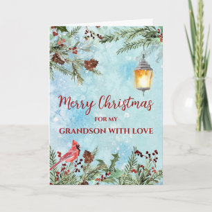 Cartão Rustic Watercolor Grandson Felry Natal