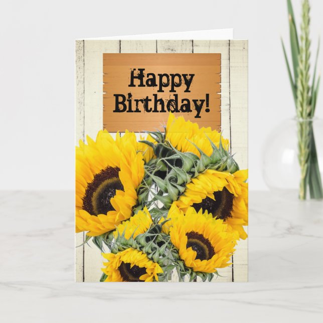 Cartão Rústica Cerca de Madeira Sinal Sunflower Aniversár (Frente)