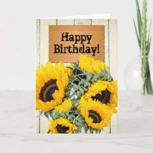 Cartão Rústica Cerca de Madeira Sinal Sunflower Aniversár