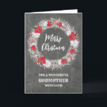 Cartão Rústica Chalkboard Godma Feliz Natal<br><div class="desc">Feliz Natal para a madrinha com o padrão rústico do quadro de chalkboard do país e coroa de neve com poinsettias.</div>