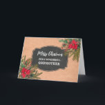 Cartão Rústica Chalkboard Godma Feliz Natal<br><div class="desc">Feliz Natal para o cartão da madrinha com o padrão rústico do quadro-negro do país e folhagem de inverno com poinsettias.</div>