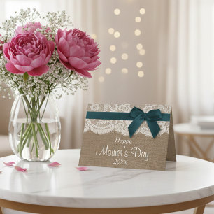 Cartão Saco de aniagem, Renda e Laço Azul-turquesa Feliz 