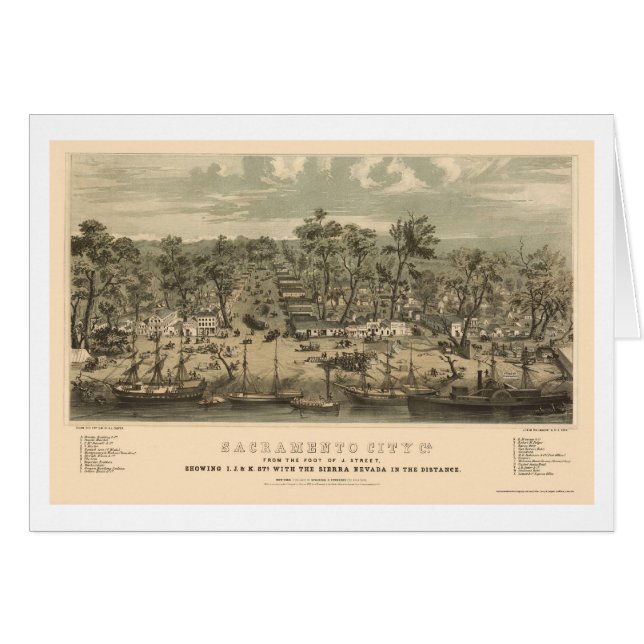 Cartão Sacramento, mapa panorâmico de CA - 1850 (Frente Horizontal)