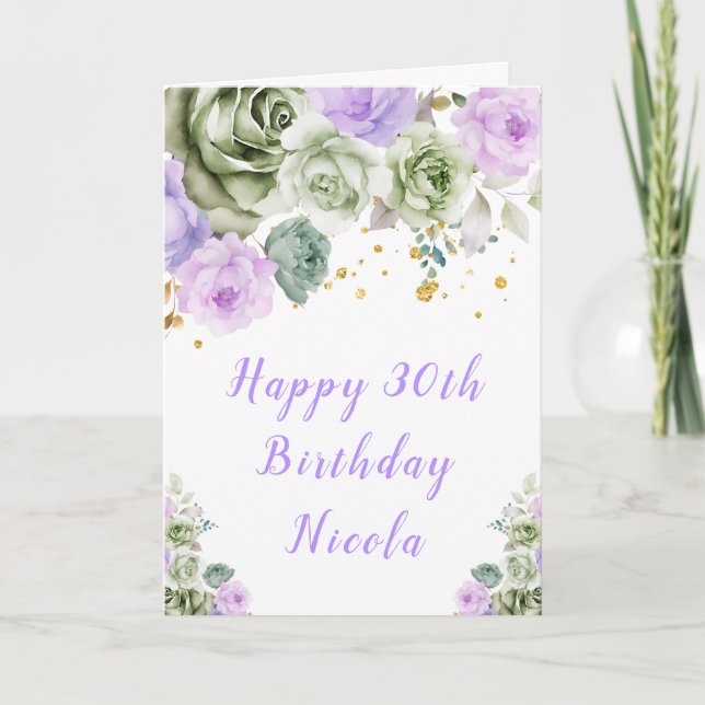 Cartão Sage Green and Purple Floral Birthday (Frente)