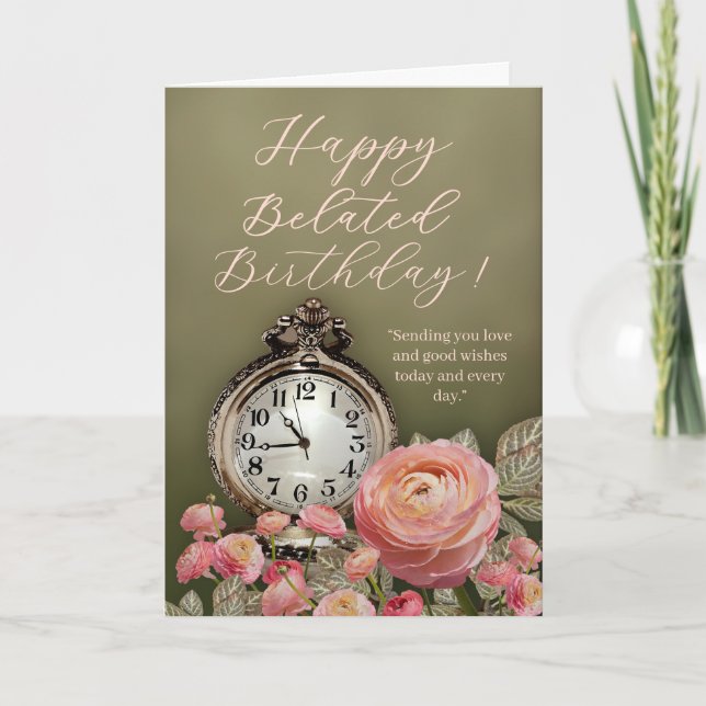 Cartão Sage Green Beige Floral Belated Birthday Card (Frente)
