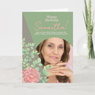 Cartão Sage Green Blush Floral Photo Birthday Greeting