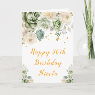 Cartão Sage Green e Cream Floral Feliz Aniversário