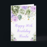 Cartão Sage Green e Purple Floral Happy Birday<br><div class="desc">Belo cartão de aniversário com senador verde e púrpura arranjos florais. Perfeito para um aniversário. As palavras podem ser alteradas para se adequarem aos seus próprios detalhes ou requisitos</div>