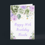Cartão Sage Green e Purple Floral Happy Birday<br><div class="desc">Belo cartão de aniversário com senador verde e púrpura arranjos florais. Perfeito para um aniversário. As palavras podem ser alteradas para se adequarem aos seus próprios detalhes ou requisitos</div>