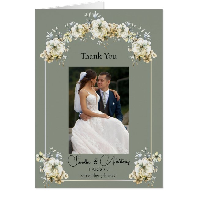 Cartão Sage Green Floral Photo Wedding Thank You (Frente)