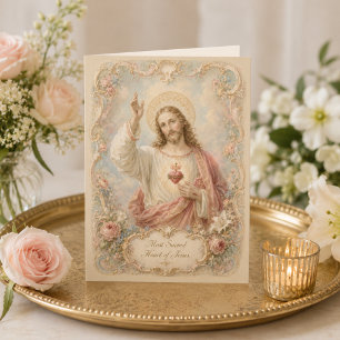 Cartão Sagrado Coração de Jesus Bênção Floral Rococó