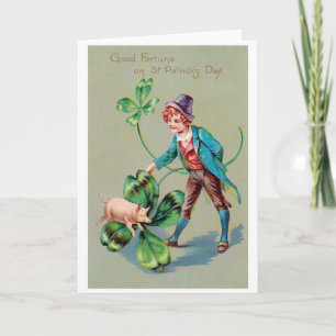 Cartão Saint Patrick's Day Boy & Lucky Pig, Vintage