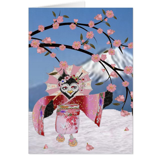 Cartão Sakura Geisha Bird no Snow Cherry Blossoms (Frente)