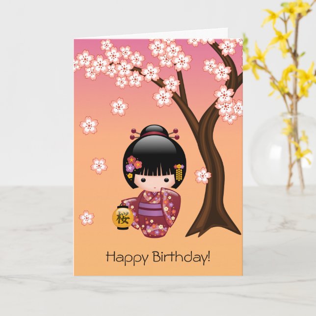 Cartão Sakura Kokeshi Doll Cute Japonês Geisha Aniversári (Flor Amarela)
