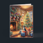Cartão Sala decorada festiva, lareira, cães, vintage<br><div class="desc">Este cartão de Natal apresenta dois cachorros em frente a uma lareira numa sala de estar festivamente decorada com muitos presentes debaixo da árvore de Natal. Vintage. Envie Cartões de natal para seus amigos e família. Texto e cor personalizados (dentro).</div>