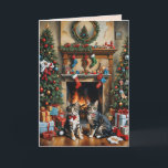 Cartão Sala decorada festiva, lareira, gatos, vintage<br><div class="desc">Este cartão de Natal apresenta dois gatos em frente a uma lareira numa sala de estar festivamente decorada. Vintage. Envie Cartões de natal para seus amigos e família. Texto e cor personalizados (dentro).</div>