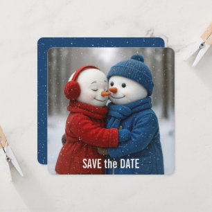 Cartão Salve a Data Casal de Boneco de Neve em Flocos de