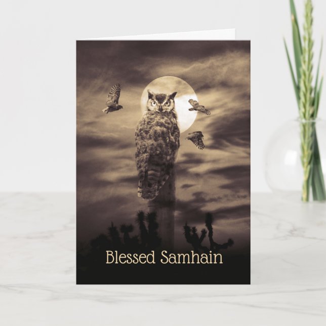Cartão Samhain abençoado com Coruja e Poema (Frente)