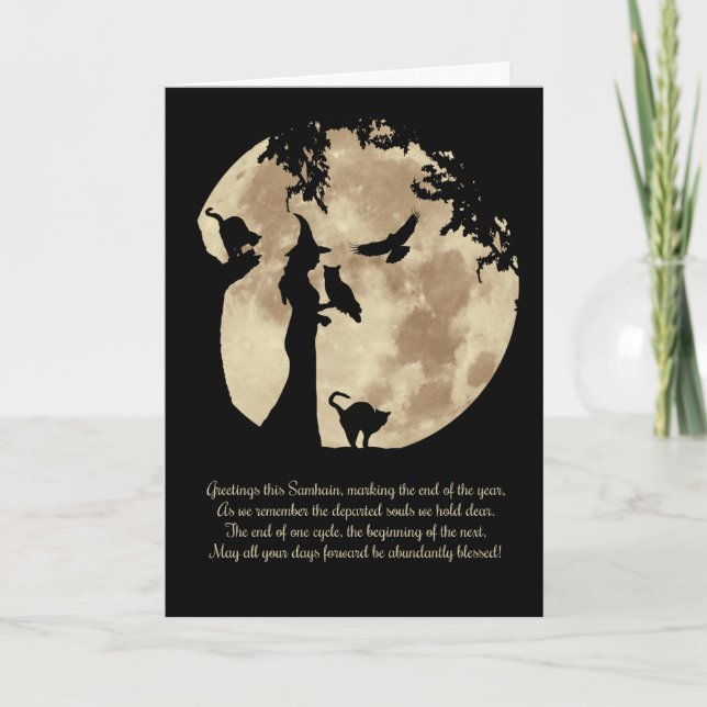 Cartão Samhain Bênçãos com Bruxas e Animais (Frente)