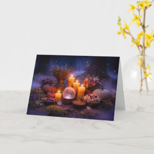 Cartão Samhain com Velas Folhagem de Outono Cristal Flore