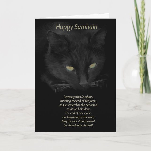 Cartão Samhain Gato Preto Bênçãos Feliz Samhain Celta (Frente)