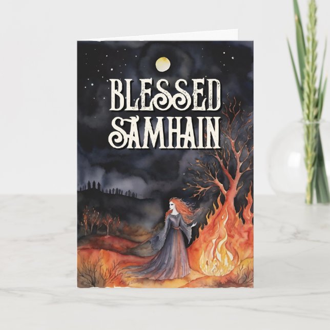 Cartão Samhain Night Fall Forest Pagan Bonfire Halloween (Frente)