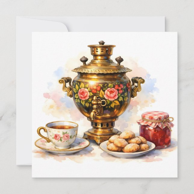 Cartão Samovar Russo de Aquarela com Biscoitos e Geleia (Frente)