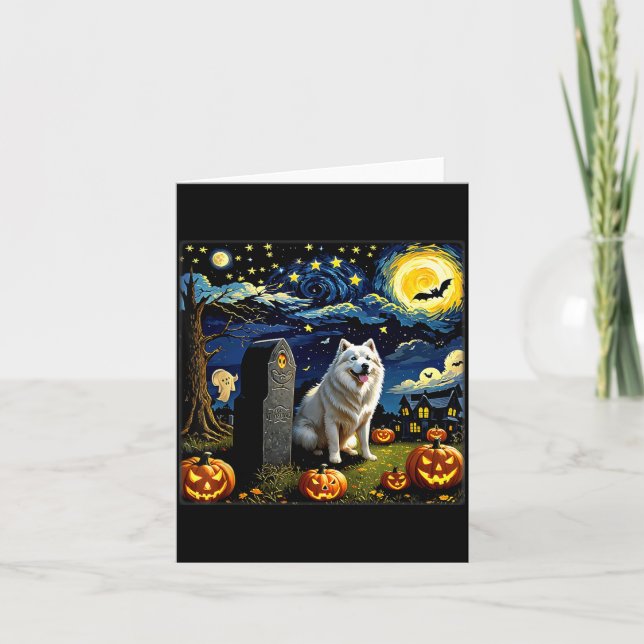 Cartão Samoyed Assustador de Halloween Noite Estrelada (Frente)