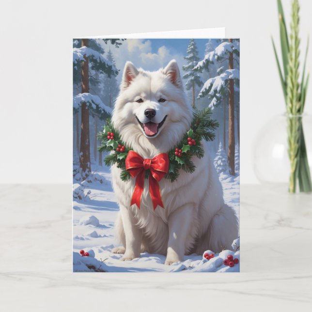 Cartão Samoyed na Neve com Guirlanda de Férias Arte de In (Frente)