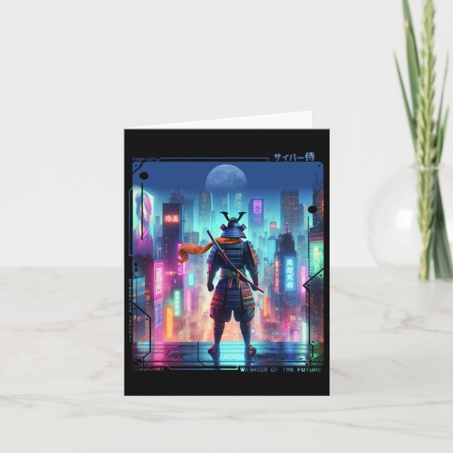 Cartão Samurai Poste Elétrico no Ciberpunk Japonês Retrô (Frente)