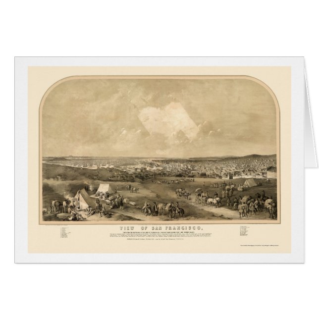 Cartão San Francsico, mapa panorâmico de CA - 1851 (Frente Horizontal)