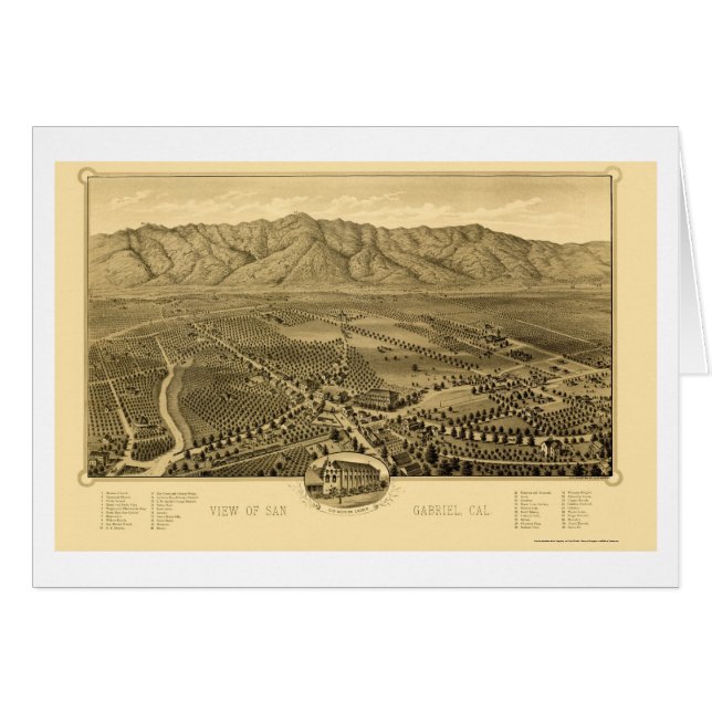 Cartão San Gabriel, mapa panorâmico de CA - 1893 (Frente Horizontal)