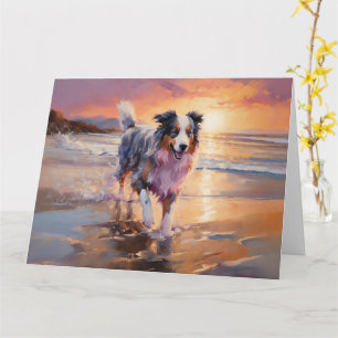 Cartão Sandy Australian Shepherd Dog on Beach Sunset