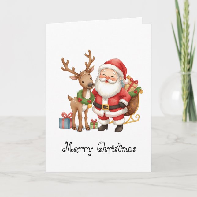 Cartão Santa Claus and reindeer whimsical Greeting Card (Frente)