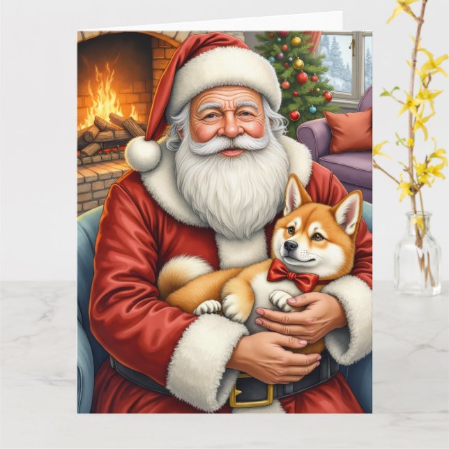 Cartão Santa Claus Holding Akita Christmas Art (Flor Amarela)