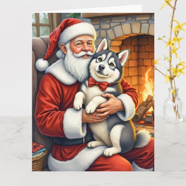 Cartão Santa Claus Holding Alaskan Malamute Christmas Art (Flor Amarela)