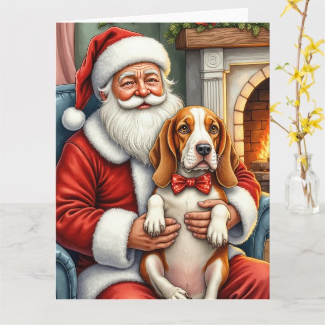 Cartão Santa Claus Holding Basset Hound Christmas Art (Flor Amarela)