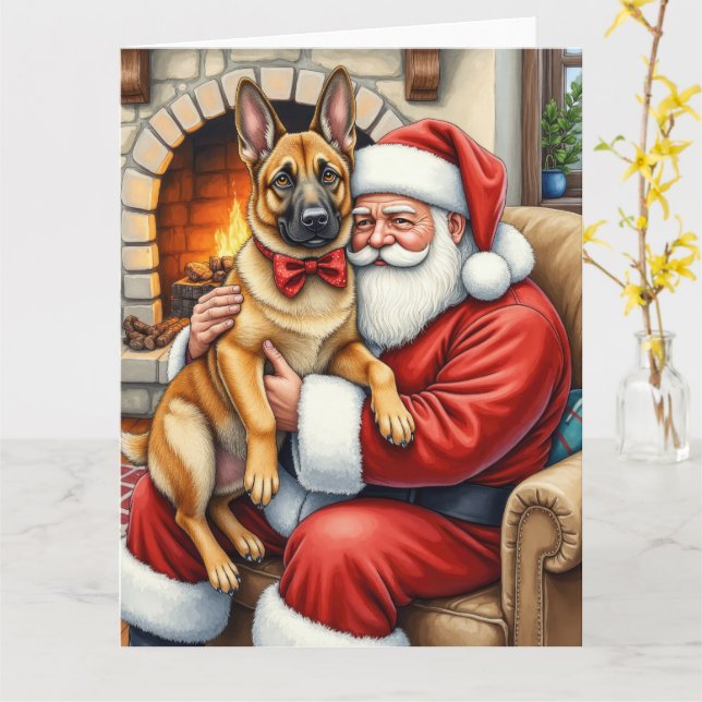 Cartão Santa Claus Holding Belgian Malinois Christmas Art (Flor Amarela)